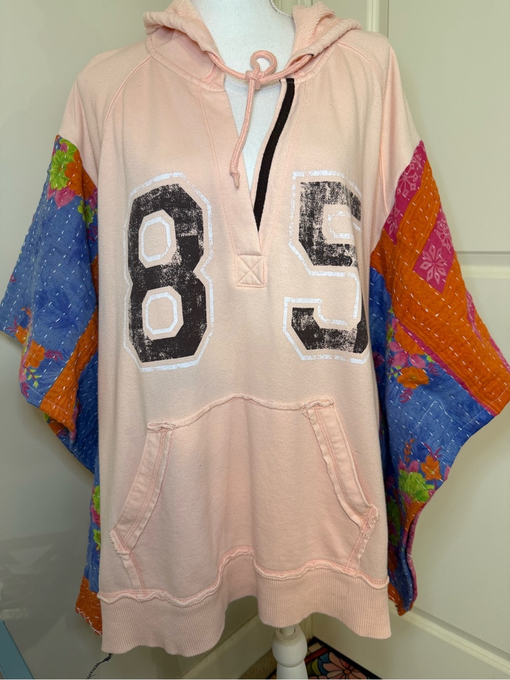 Salmon colored Hooded Poncho Sweater with Quilted Kantha Colorblock Sleeves